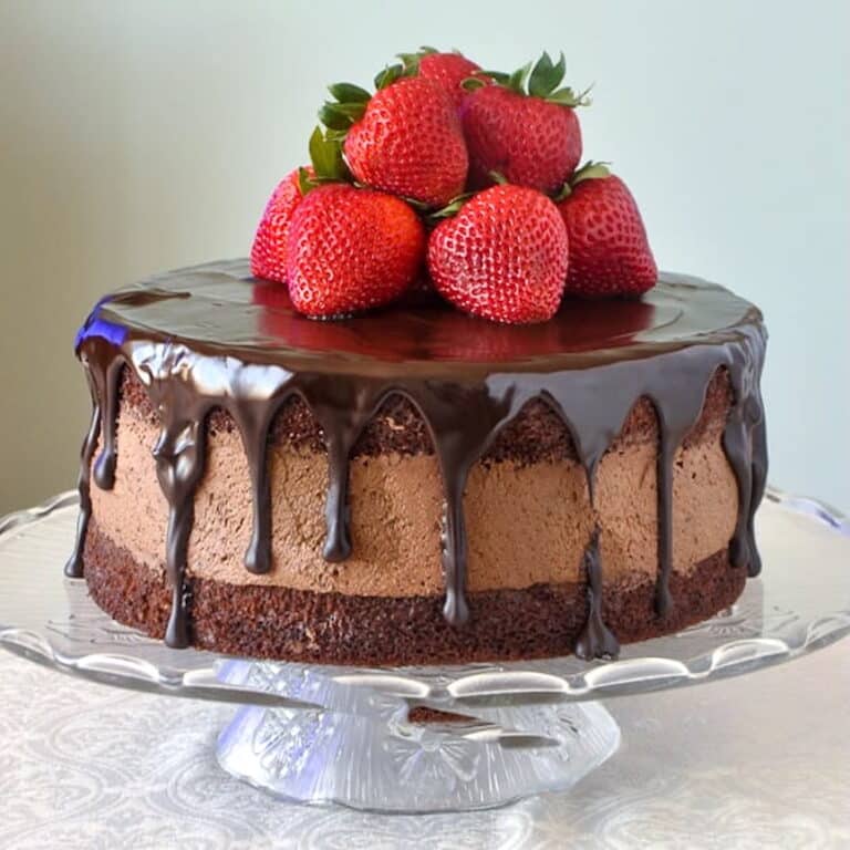Chocolate Whipped Cream Cake with Strawberries square cropped photo for Google featured image.