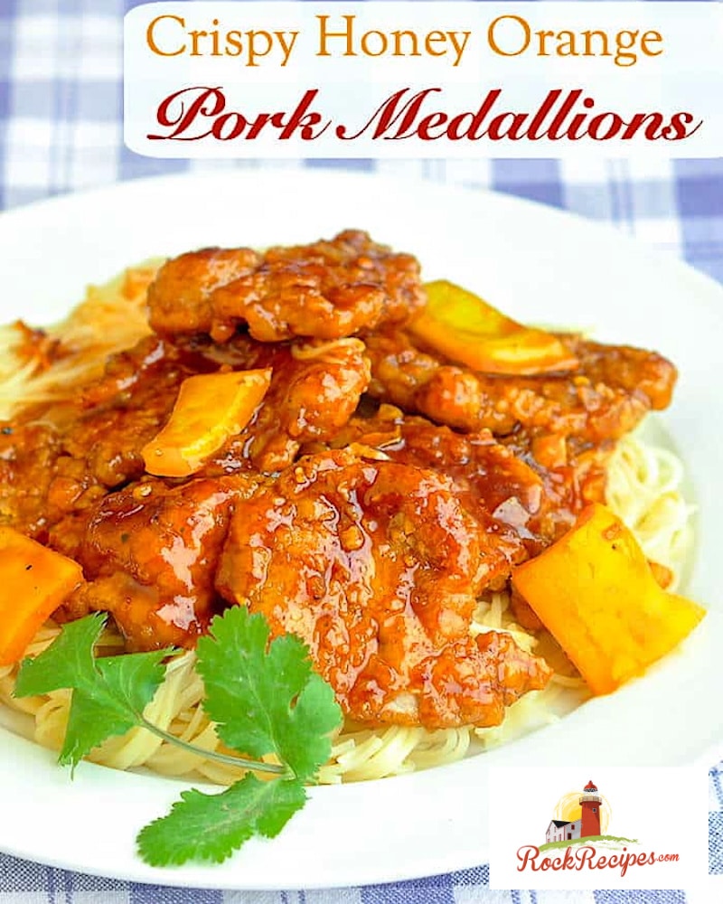Crispy Honey Orange Pork Medallions image with title text for social media posting.