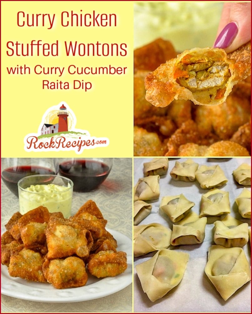 Curry Chicken Stuffed Wontons photo collage with title text added for social media posts.