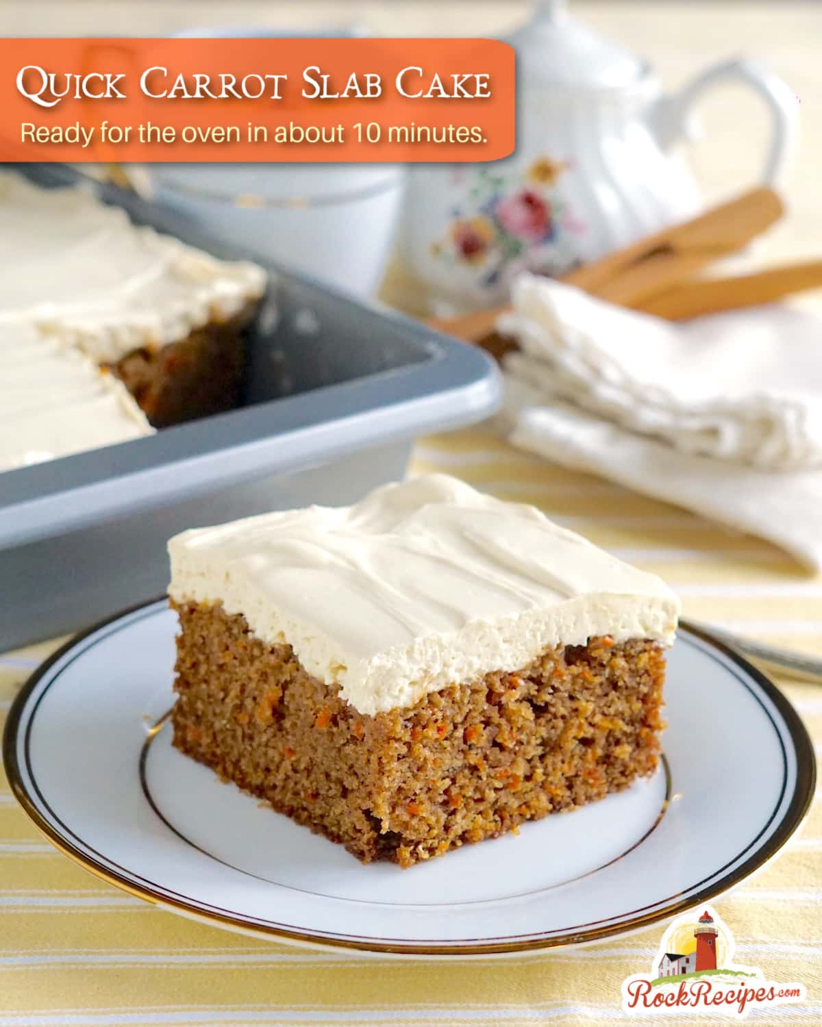 Quick Carrot Cake photo of a single slice on a gold rimmed plate with title text added for social media posts
