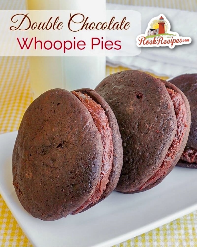 Double Chocolate Whoopie Pies photo with title text added for social media posts.
