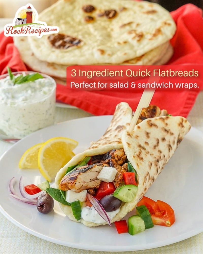 Yogurt Flatbreads photo shown used as a wrap with title text for social media posts.