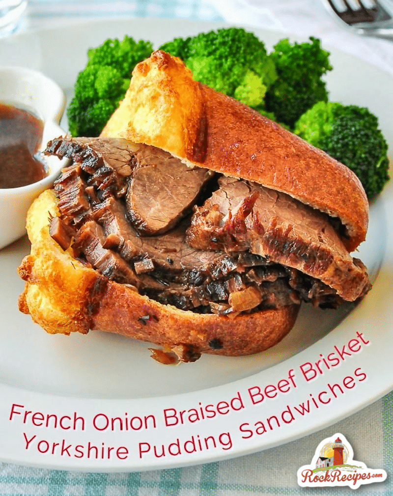 French Onion Braised Beef Brisket & Yorkshire Pudding Sandwich photo with title text for social media posts.