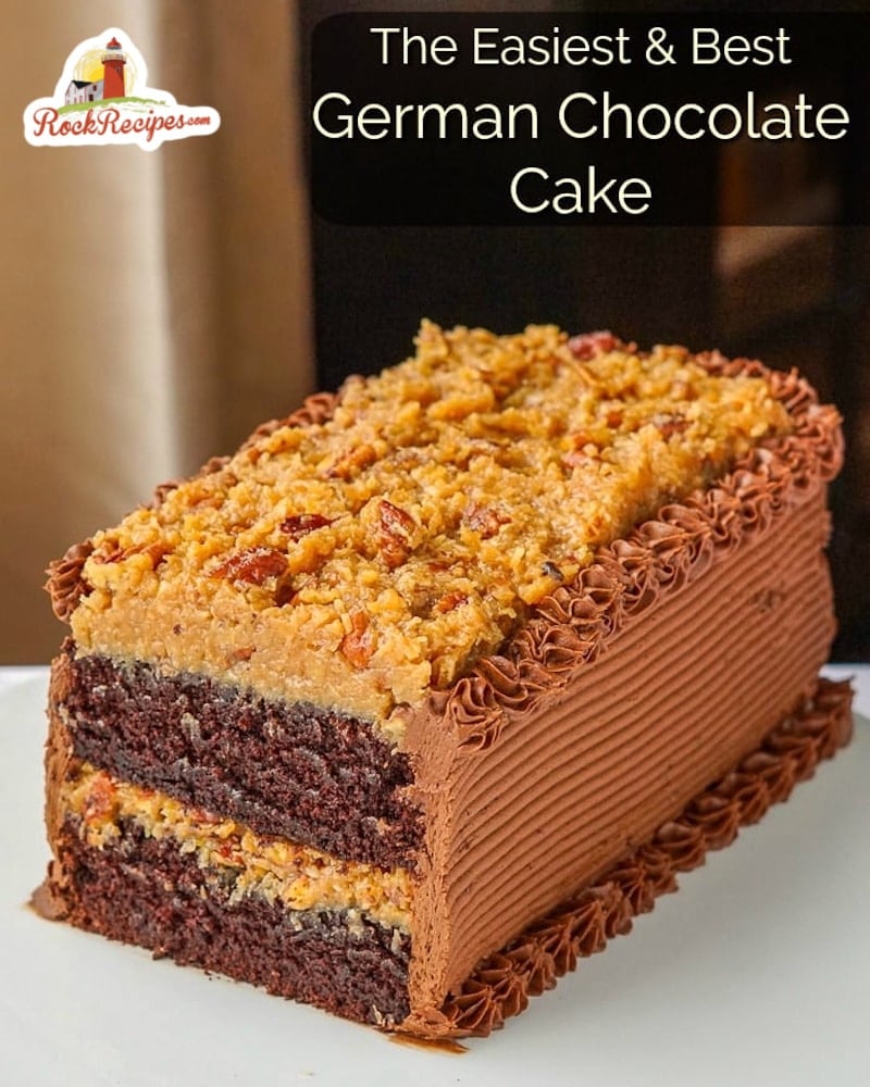 German Chocolate Cake shot of cut cake with title text for social media.