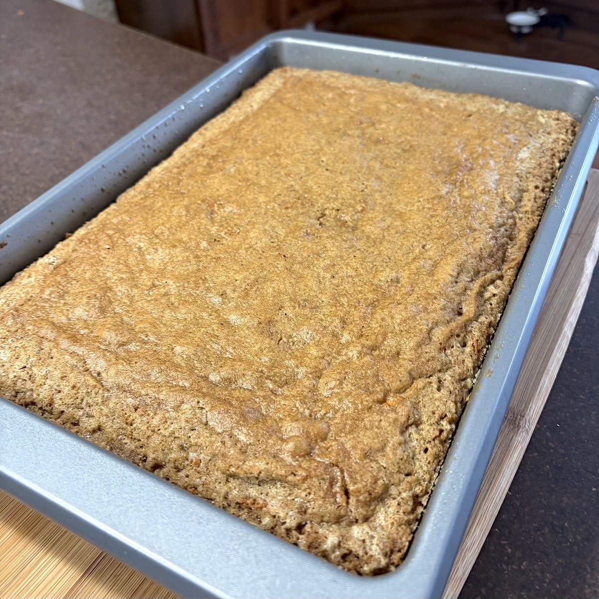 Quick Carrot Cake photo of cake just out of the oven, unfrosted.
