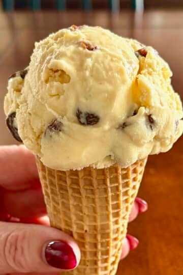 Close up photo of a scoop of Rum Raisin Ice Cream pictured in a sugar cone.