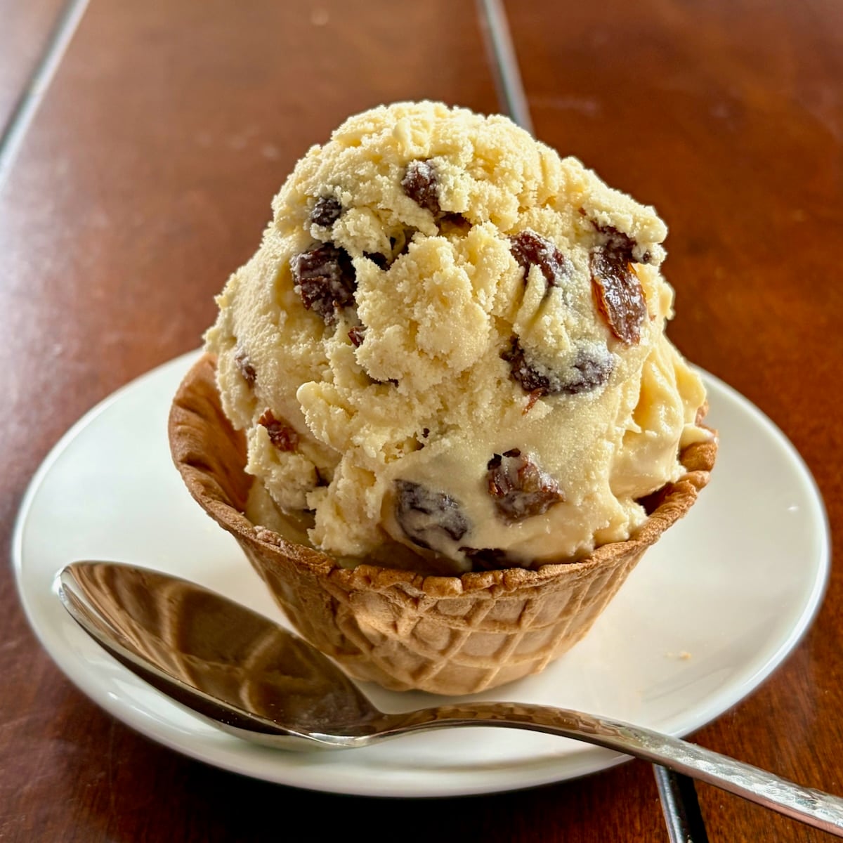 Rum Raisin Ice Cream photo if one scoop in a waffle bowl