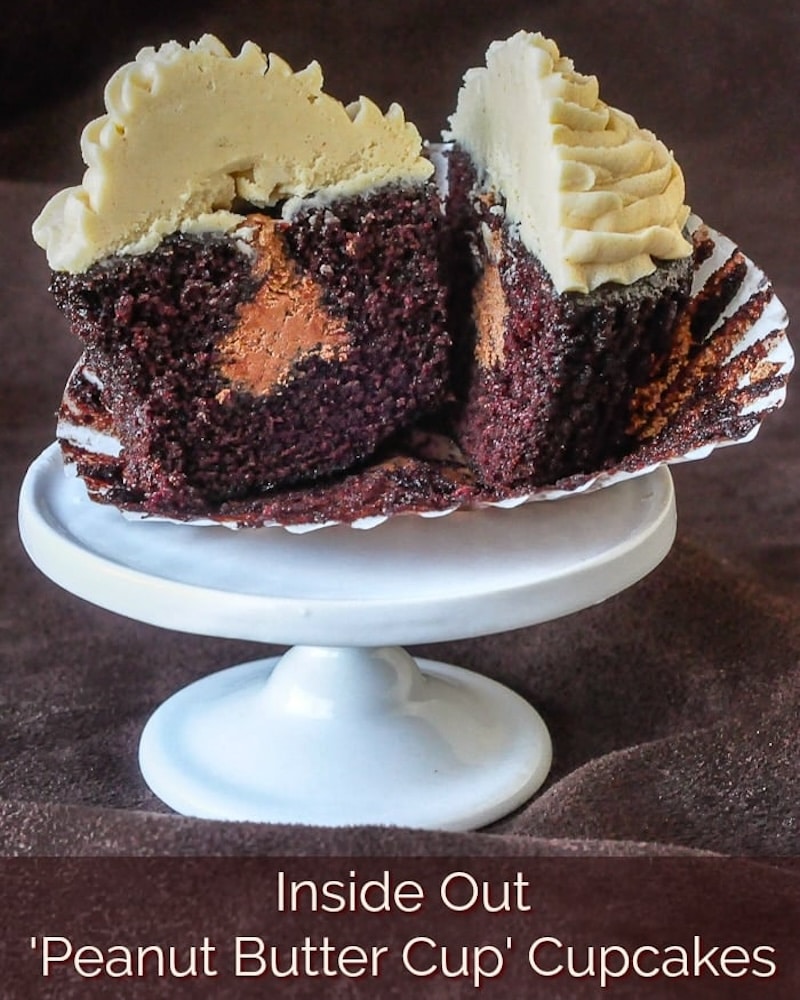 Inside Out Peanut Butter Cup Cupcakes photo wit title text added for social media.