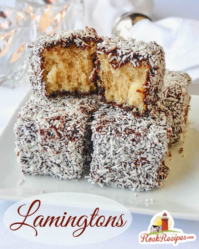 Lamingtons. An Australian favourite with chocolate and coconut surrounding homemade white cake. Photo with title text added for social media posts.