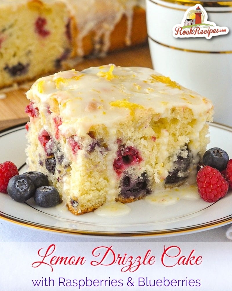 Lemon Drizzle Cake photo of a single serving with title text added for social media posts.