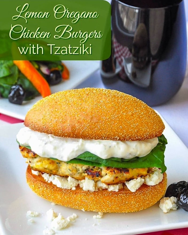 Lemon Oregano Chicken Burgers with Tzatziki photo with title text for social media.