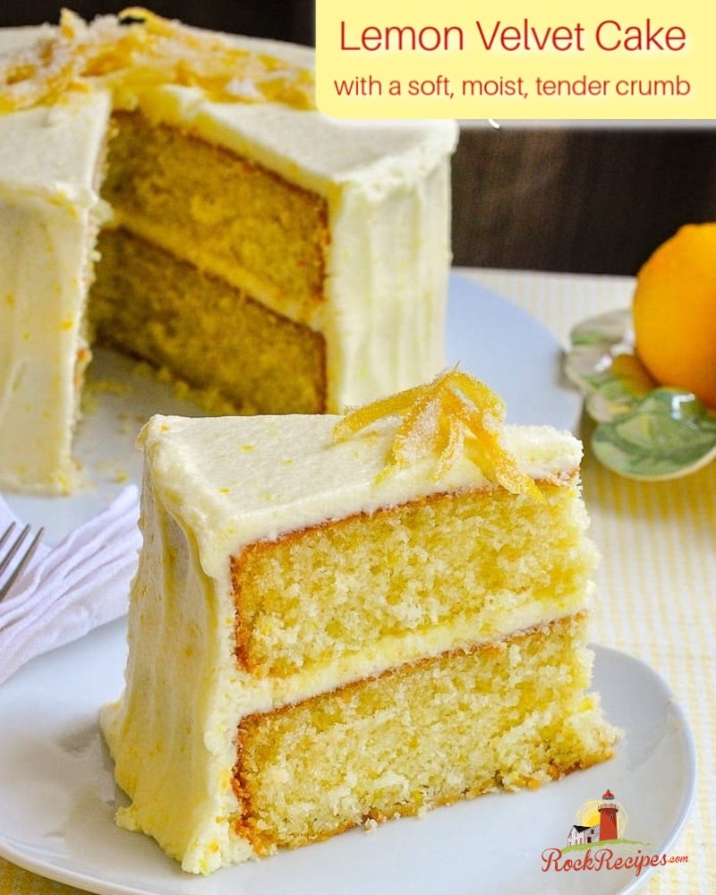 Lemon Velvet Cake photo with title text for social media