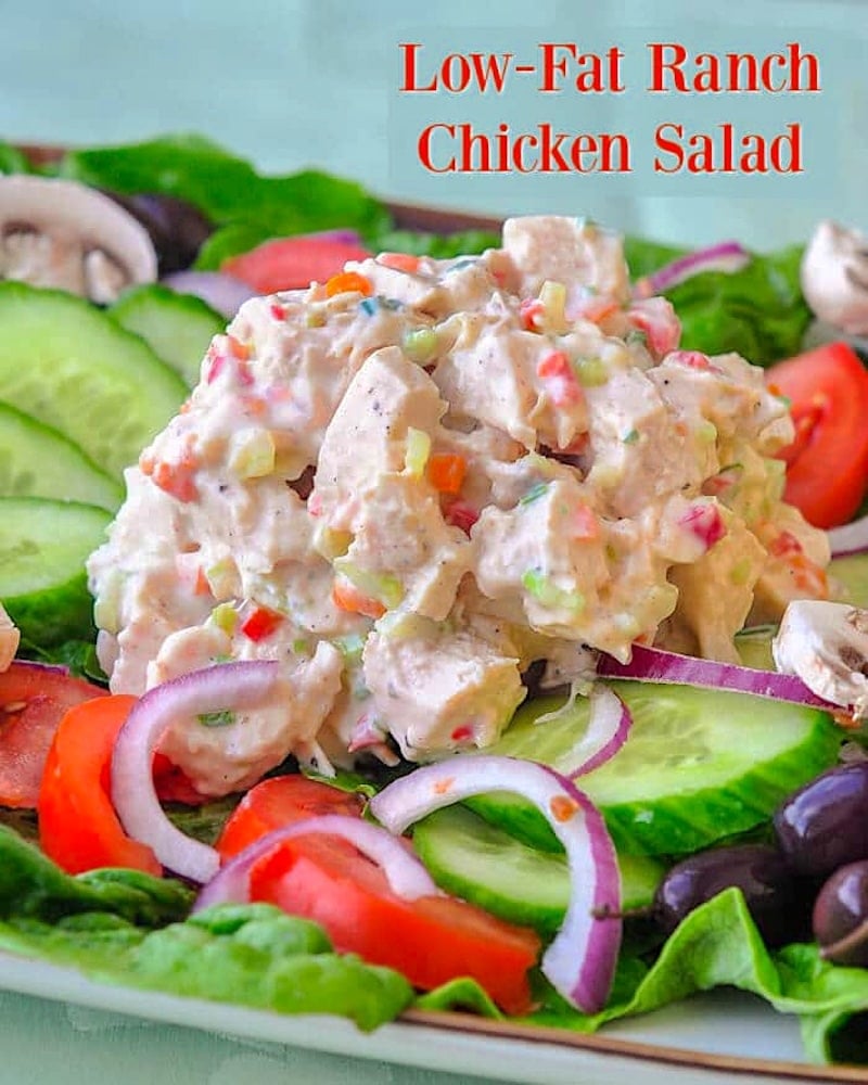 Low Fat Ranch Chicken Salad with text for Pinterest and social media.