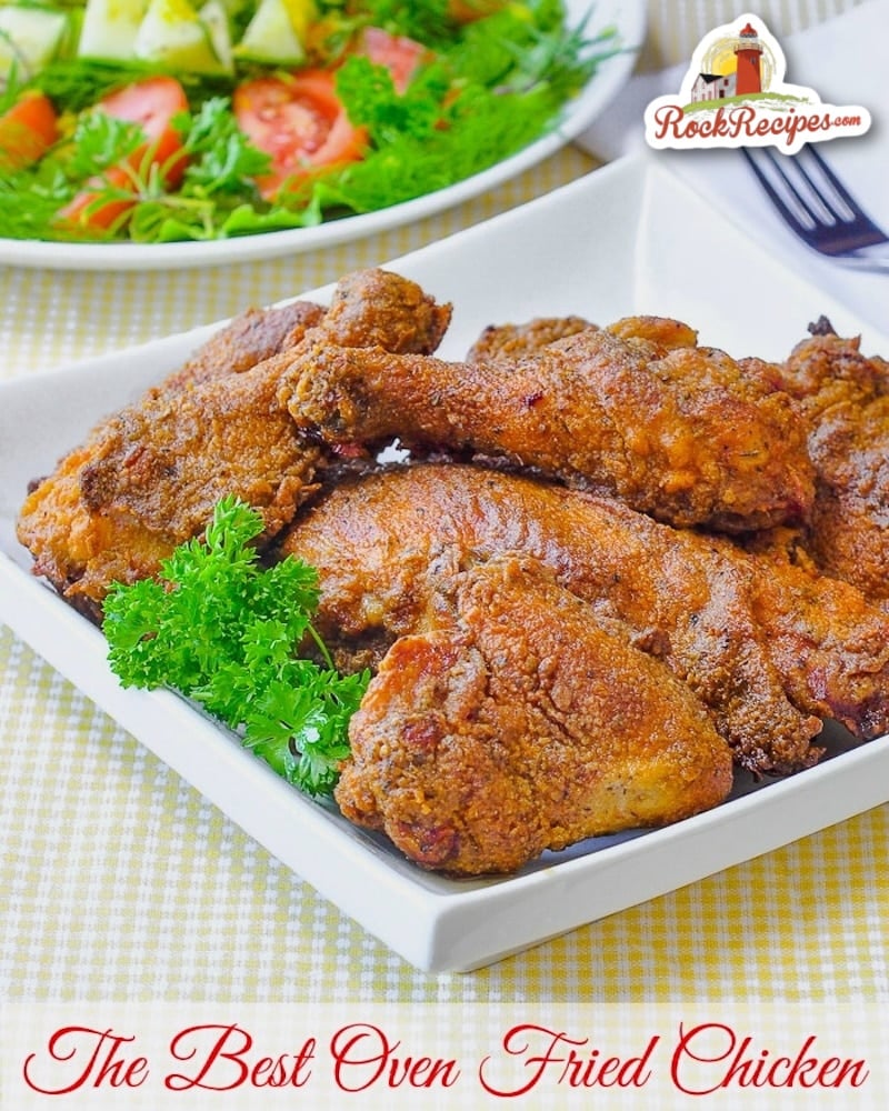 Oven Fried Chicken photo with title text added for Pinterest