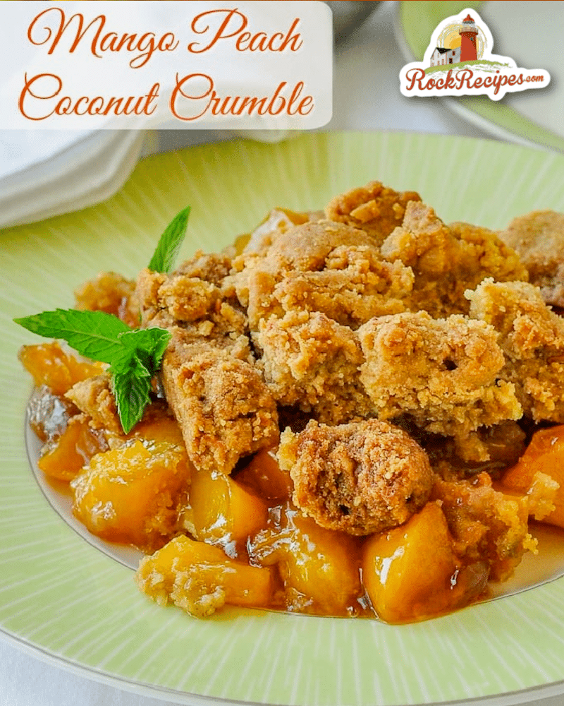 Mango Peach Coconut Crumble with title text and logo added for social media posts.