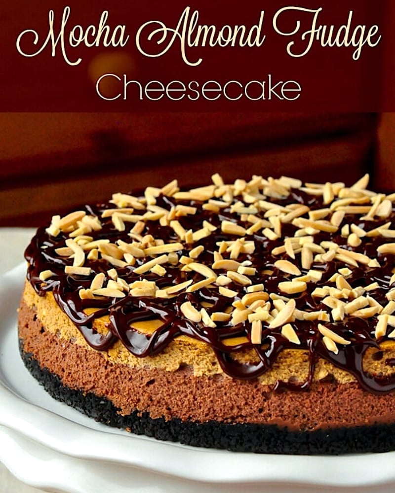 Mocha Almond Fudge Cheesecake photo with title text added for social media.