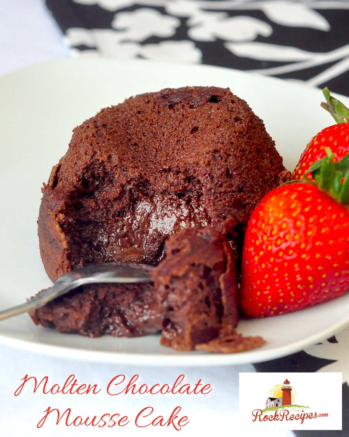 Molten Chocolate Mousse Cake photo of one serving with title text added for social media in 4x5 format