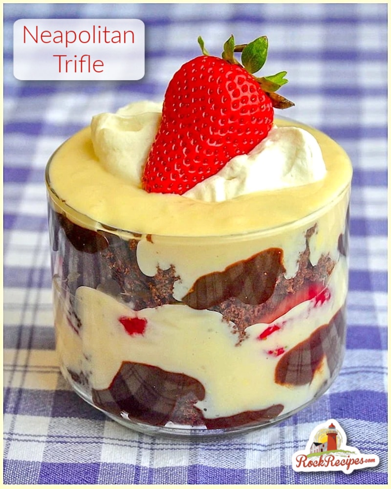 Neapolitan Trifle photo with title text for social media posts.