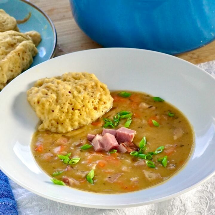 Newfoundland Pea Soup and Doughboys photo of one serving in a white bowl
