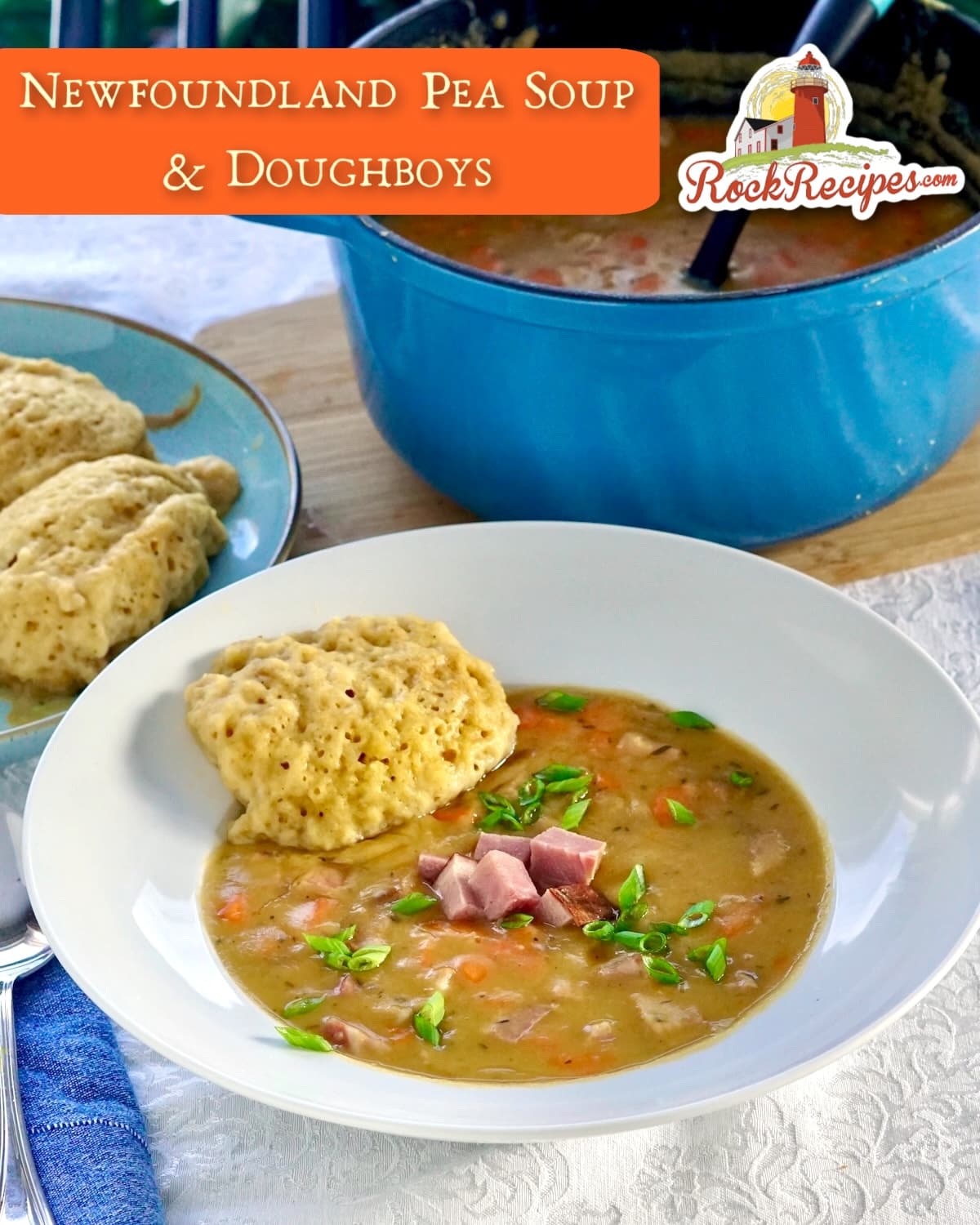 Newfoundland Pea Soup and Dough Boys photo of a single serving with title text added for social media.
