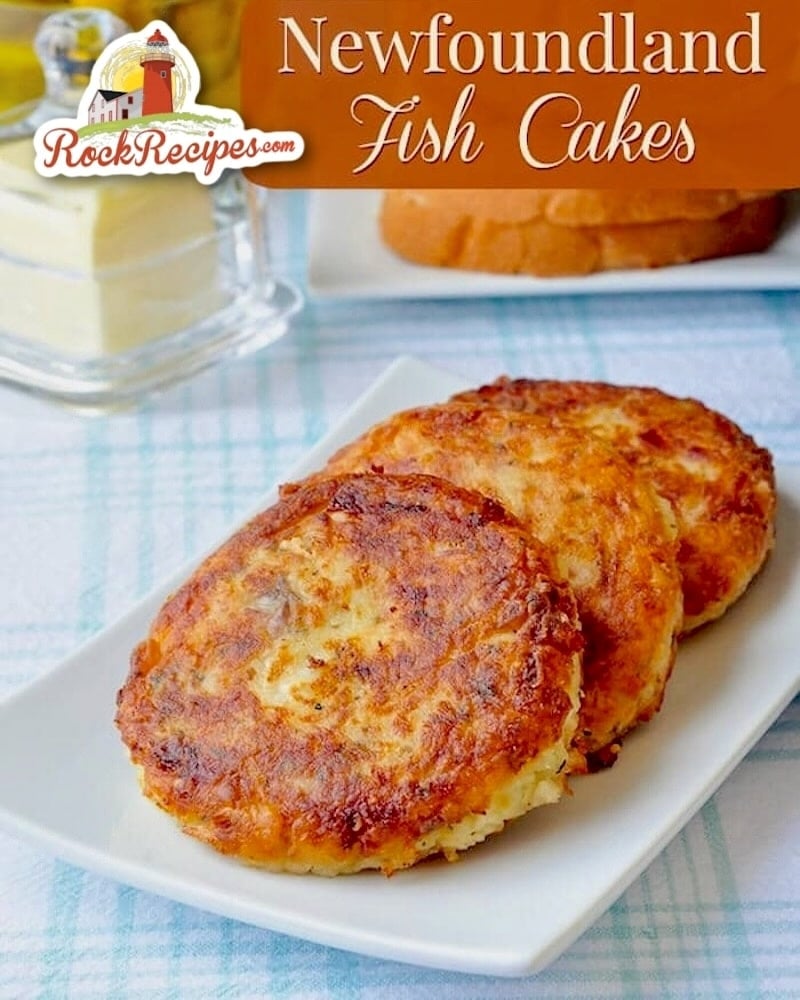 Newfoundland fish cakes photo with title text added for Pinterest and social media posts.