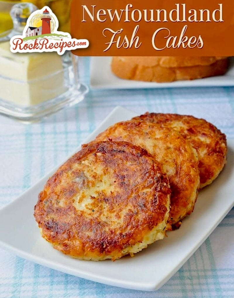 Newfoundland fish cakes photo with title text added for Pinterest and social media posts.