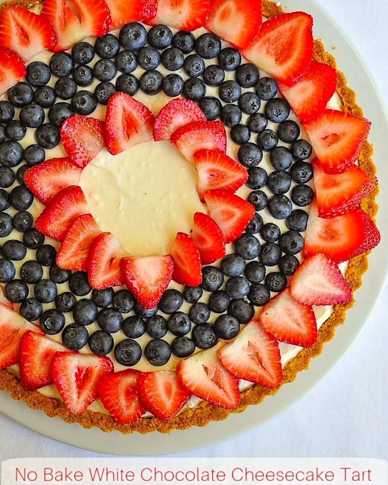 No Bake White Chocolate Cheesecake Tart photo with title text added for social media.