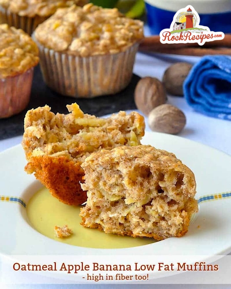 Oatmeal Apple Banana Low Fat Muffins. High in fiber too! Photo with title text added for social media posts.