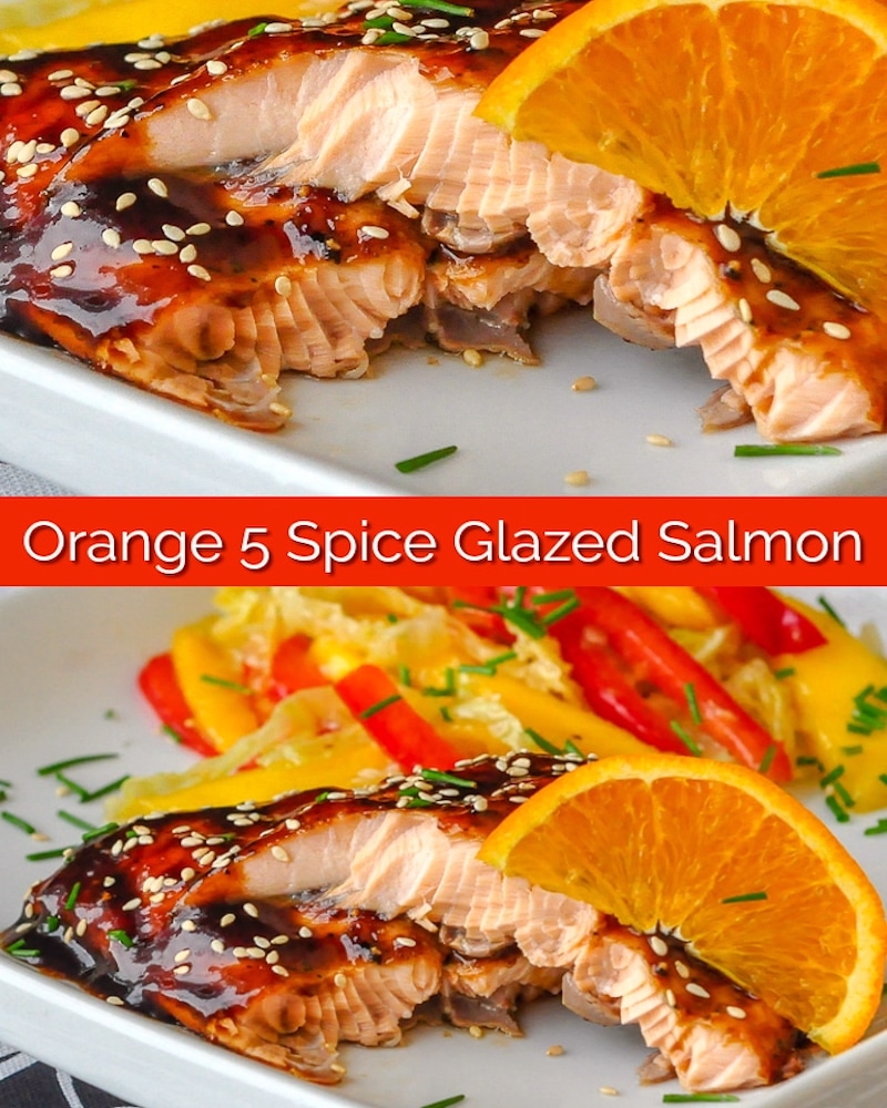 Orange Five Spice Glazed Salmon Image with title text for social media posting.
