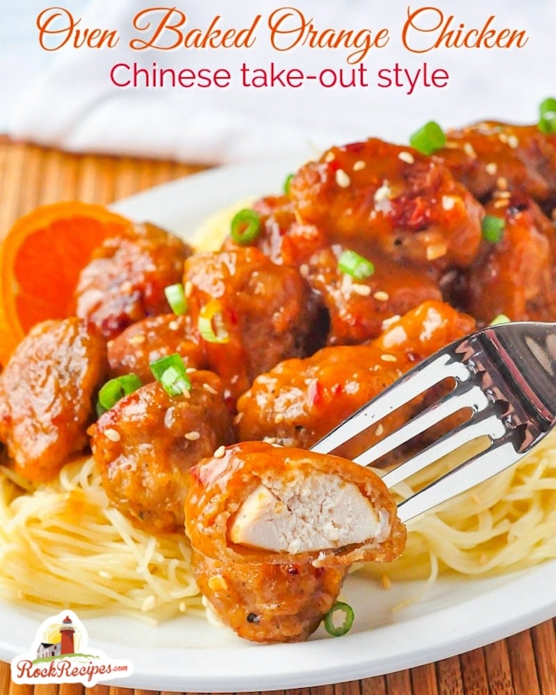 Oven Baked Orange Chicken photo with title text for social media posts.