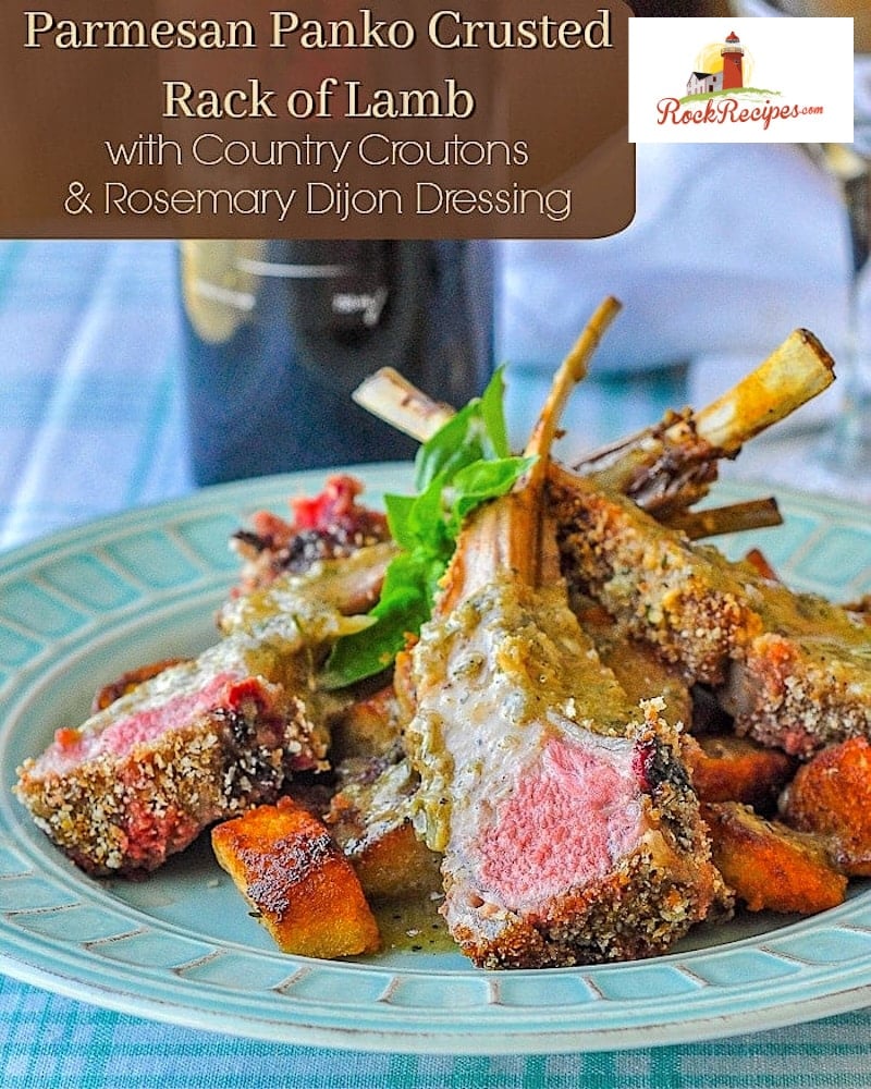 Parmesan Panko Crusted Rack of Lamb image with title text added for social media posting.