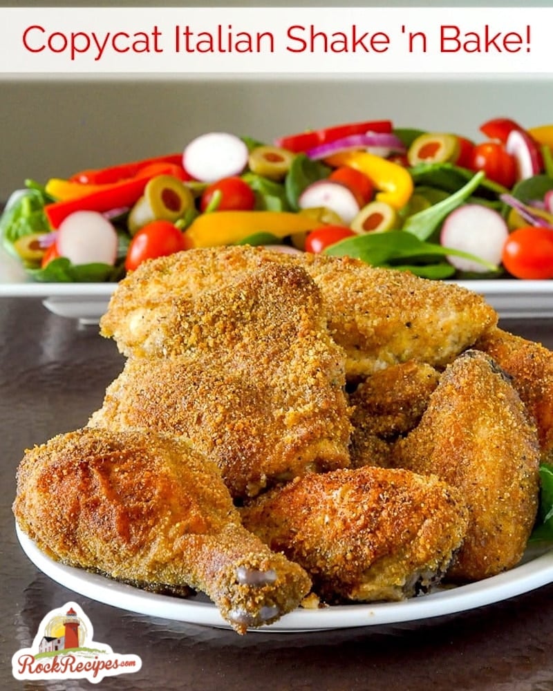 Photo of Copycat Italian Shake and Bake with title text added for social media posts.