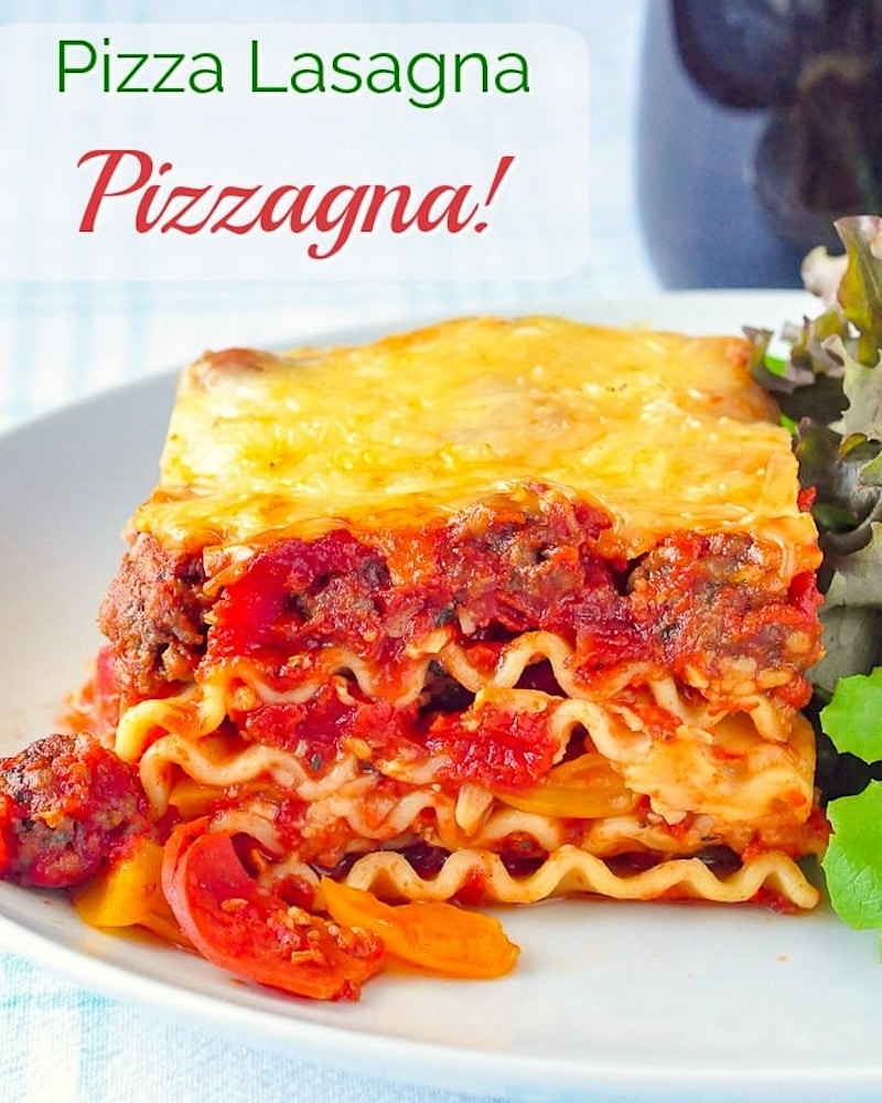 Pizza Lasagna photo with title text for social media.