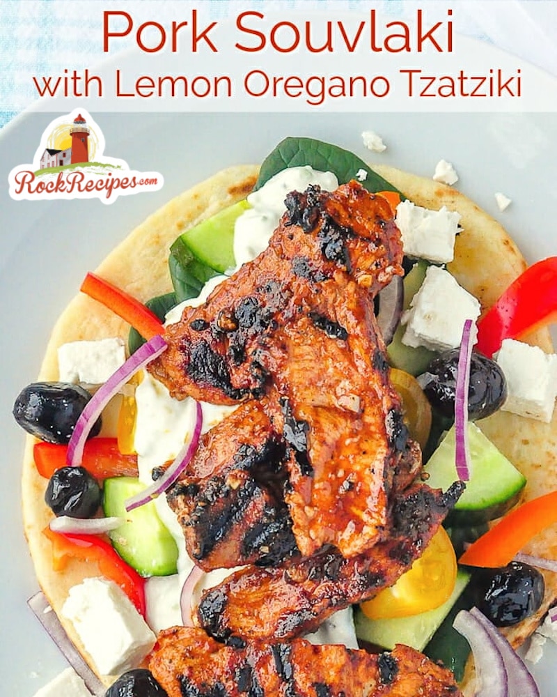 Pork Souvlaki with title text added for social media posts.