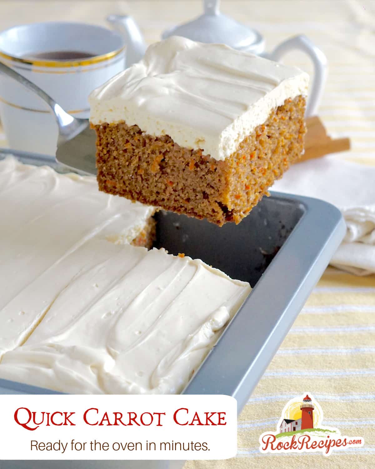 Quick Carrot Cake photo of one serving on a gold edged plate with title text added for social media posts.