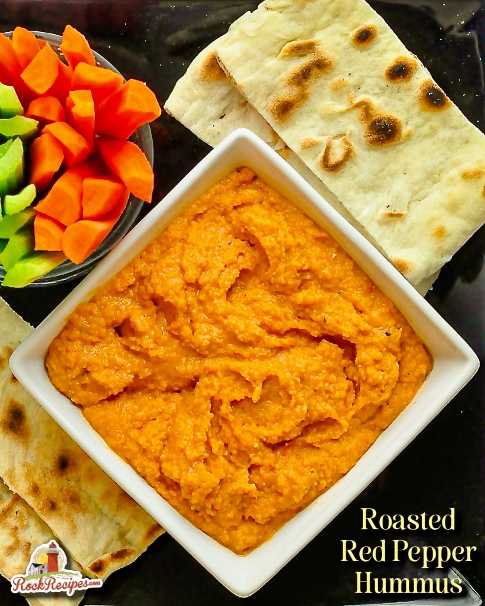 Roasted Red Pepper Hummus photo with title text for Pinterest and social media posts.