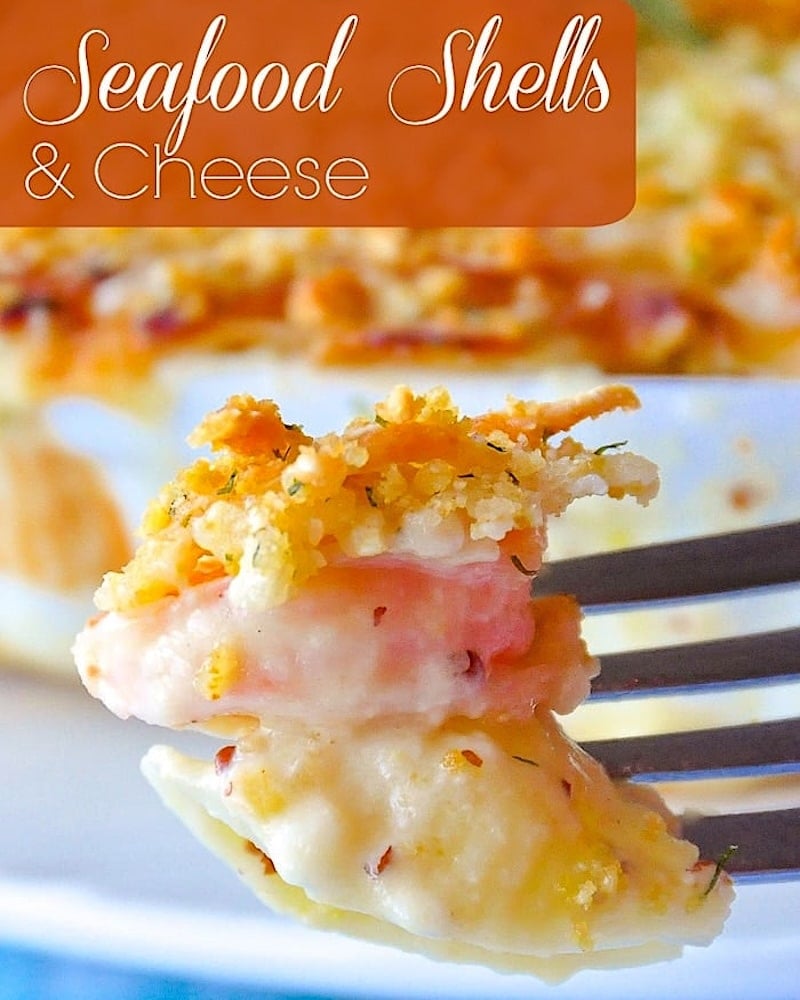Seafood Shells and Cheese image with title text added for social media.