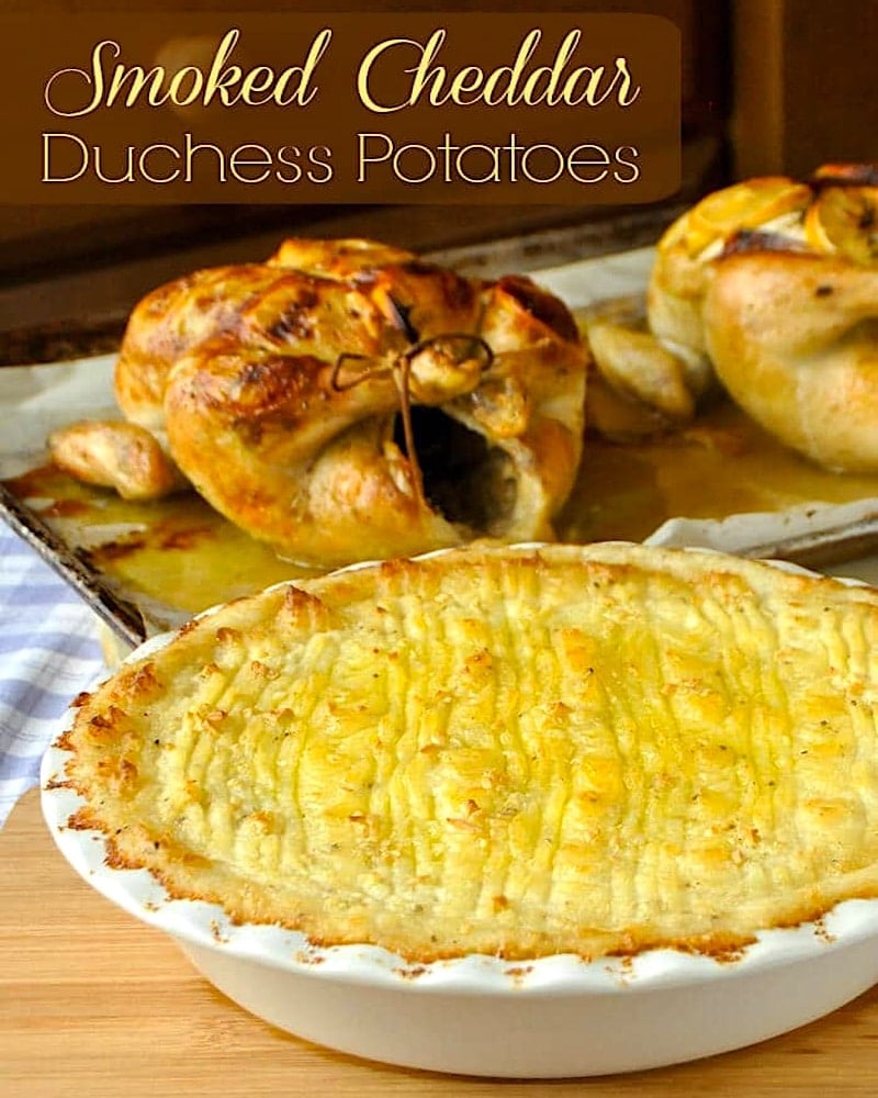 Smoked Cheddar Duchess Potatoes photo with title text added for social media.
