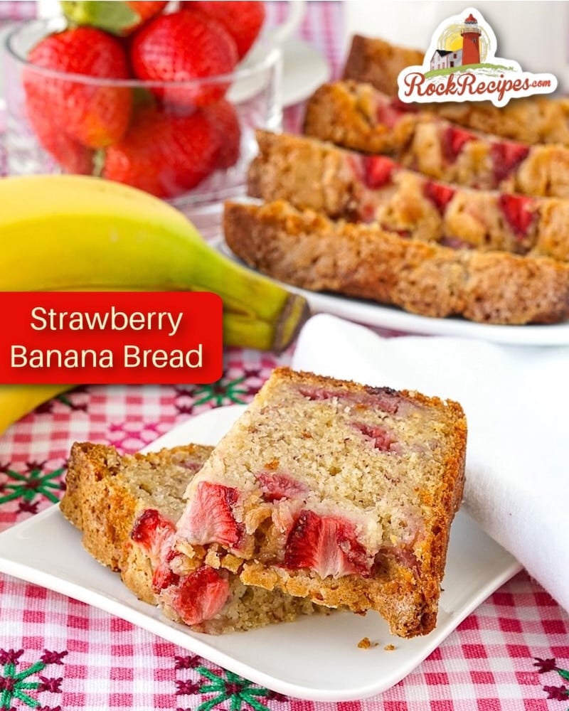 Strawberry Banana Bread photo with title text for social media posts