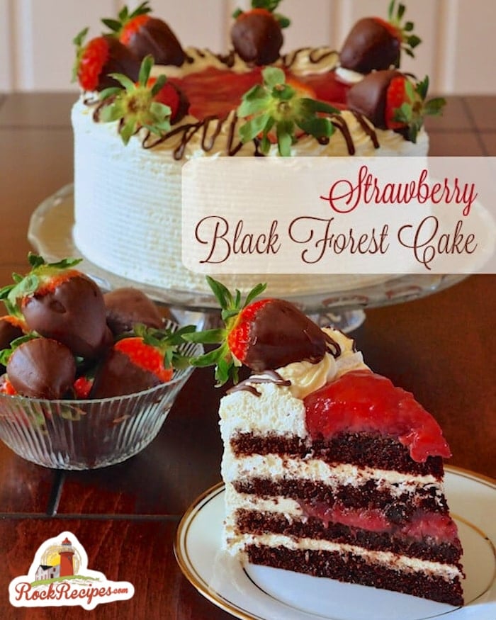 Strawberry Black Forest Cake a.k.a. Strawberry Screech Black Forest Cake photo with title text added for social media posting.
