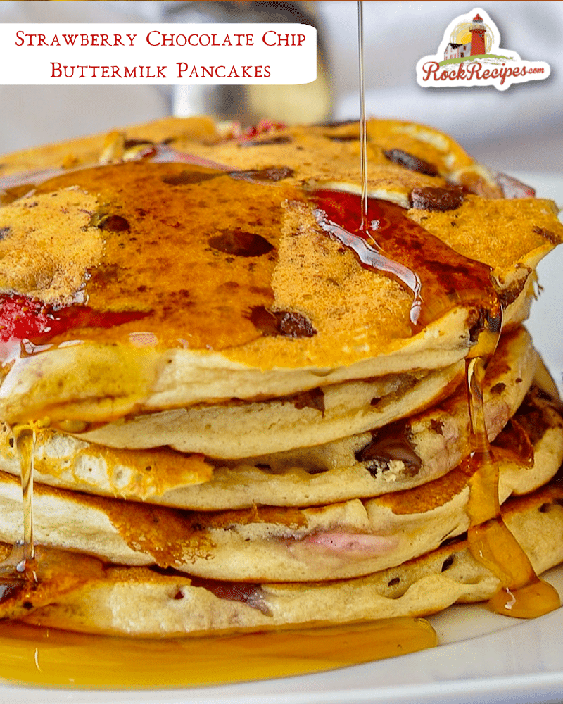 Strawberry Chocolate Chip Buttermilk Pancakes photo with title text added for social media posts.