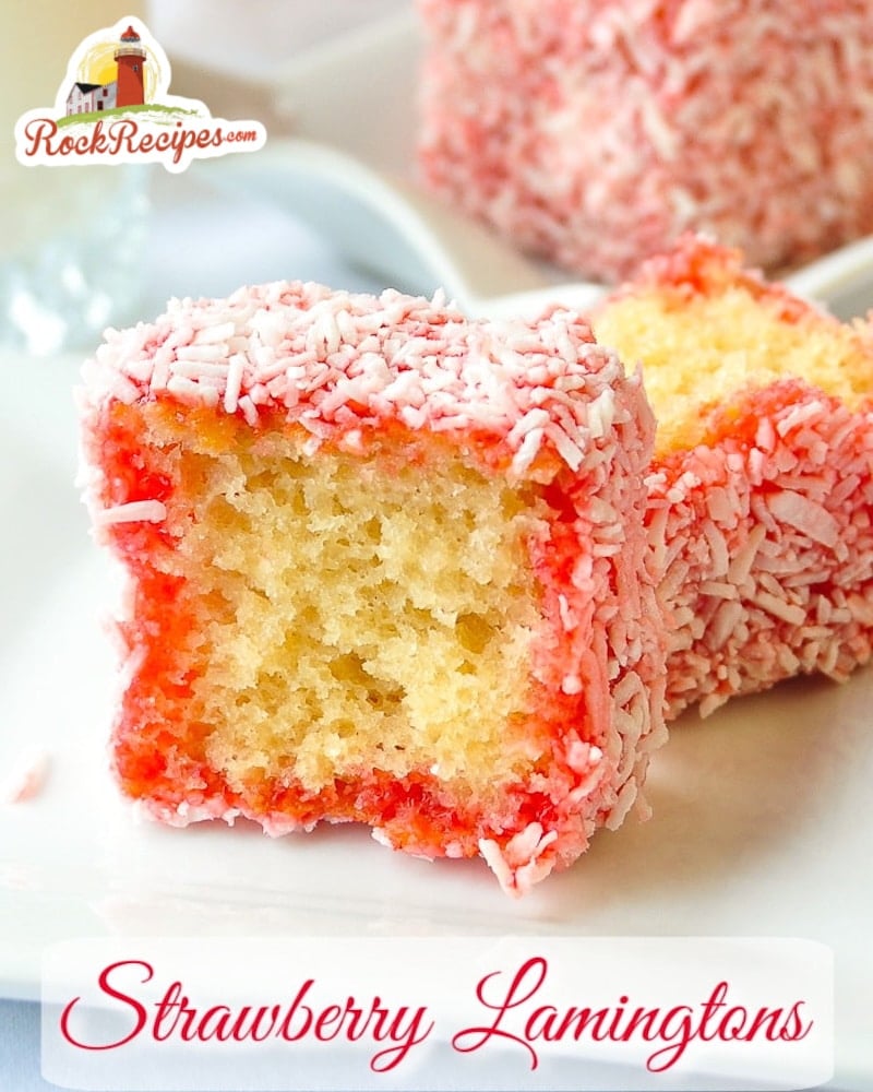   Strawberry Lamingtons photo with title text added for social media posts.