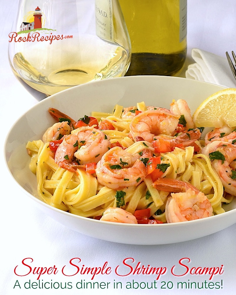 Super Simple Shrimp Scampi photo with title text added for social media posting.