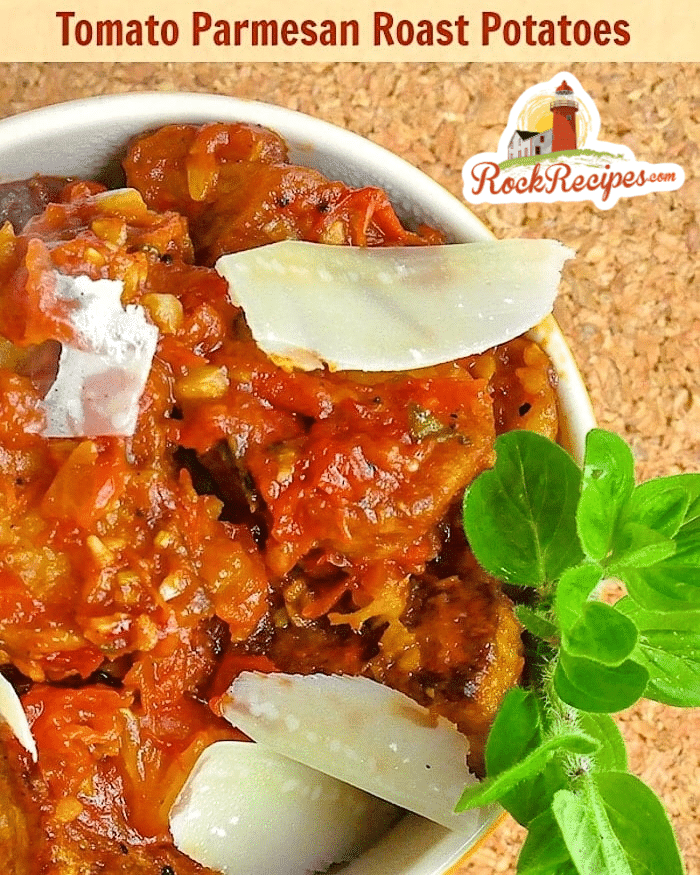 Tomato Parmesan Roast Potatoes photo with title text for social media posts.