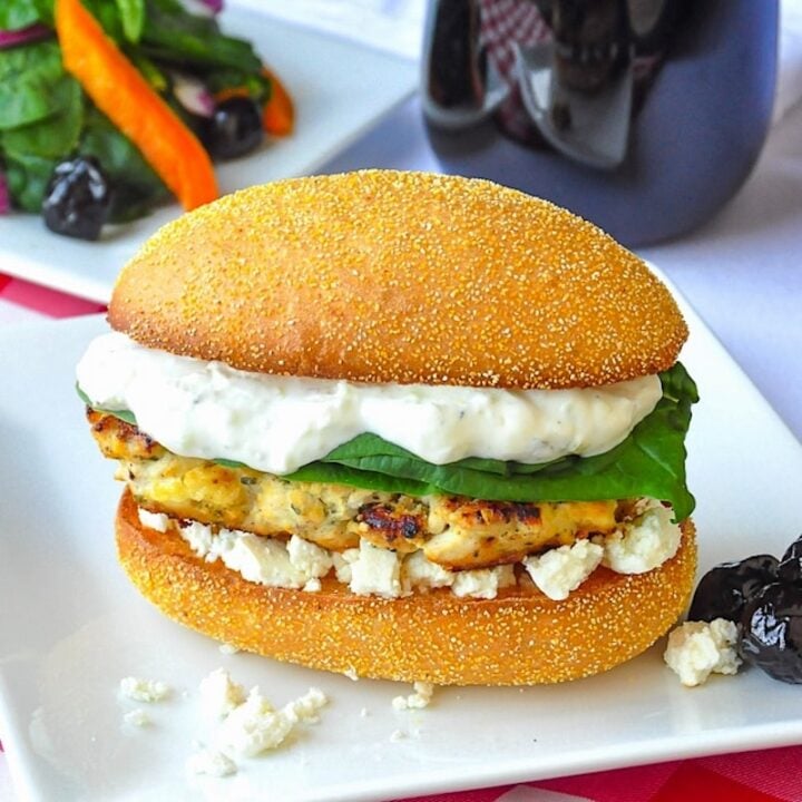 Lemon Oregano Chicken Burgers on a white plate