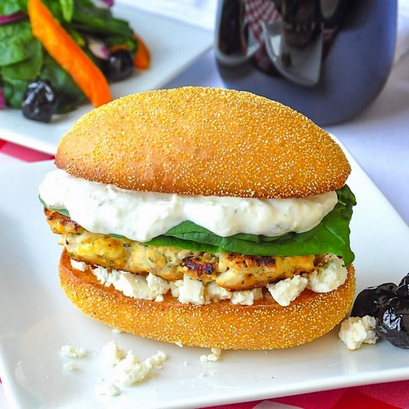 Lemon Oregano Chicken Burgers on a white plate