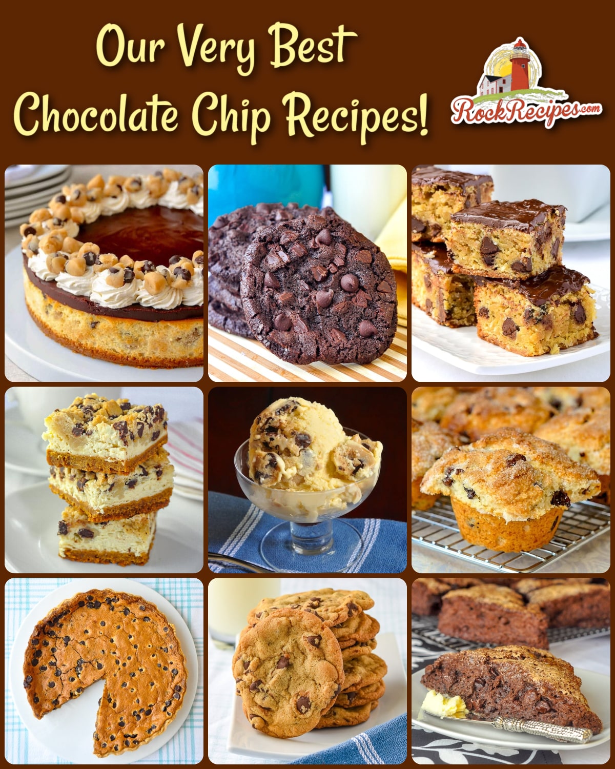 A photo collage of chocolate chip recipes with title text added for social media posts.