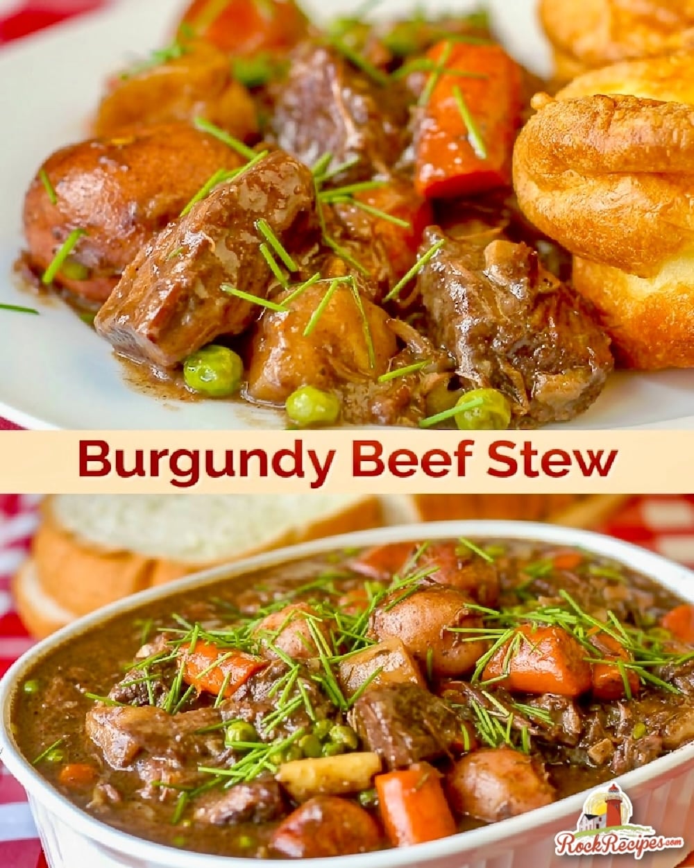 Burgundy Beef Stew photo with title text for social media posts.