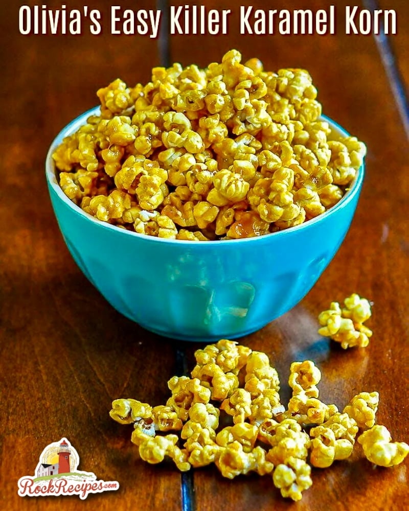 Easy Caramel Popcorn image with title text and logo added for social media posts.
