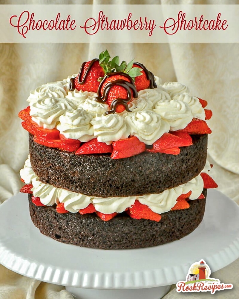 Easy Chocolate Strawberry Shortcake image with title text added for social media posts.